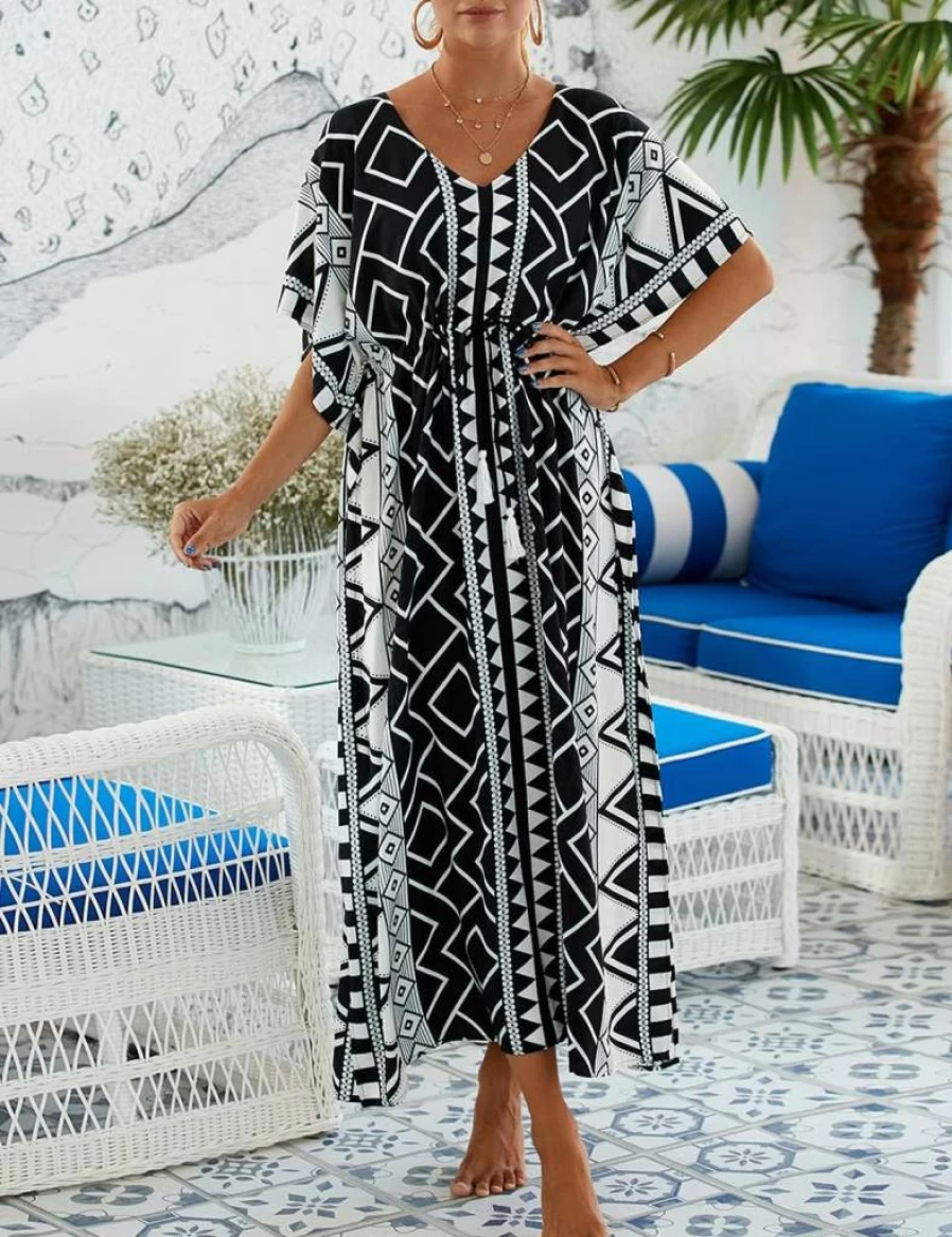 Bsubseach Plus Size Long Kaftan Dress for Women - Beach Cover Up with Waist Drawstring, Elegant Caftan Swimsuit Dress