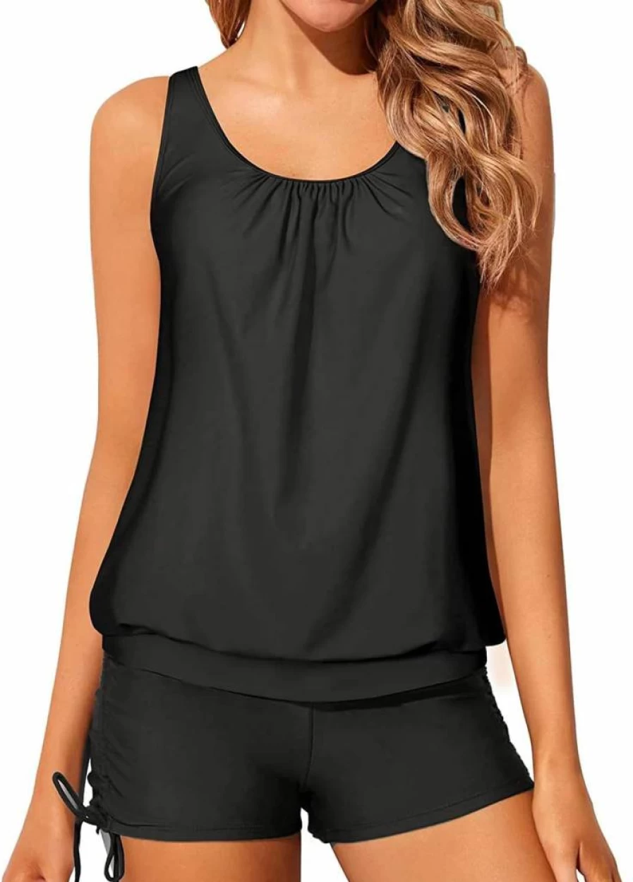 Yonique Women's Modest Loose Fit 2-Piece Tankini Swimwear Set with Blouson Top & Boyshorts Bathing Suits