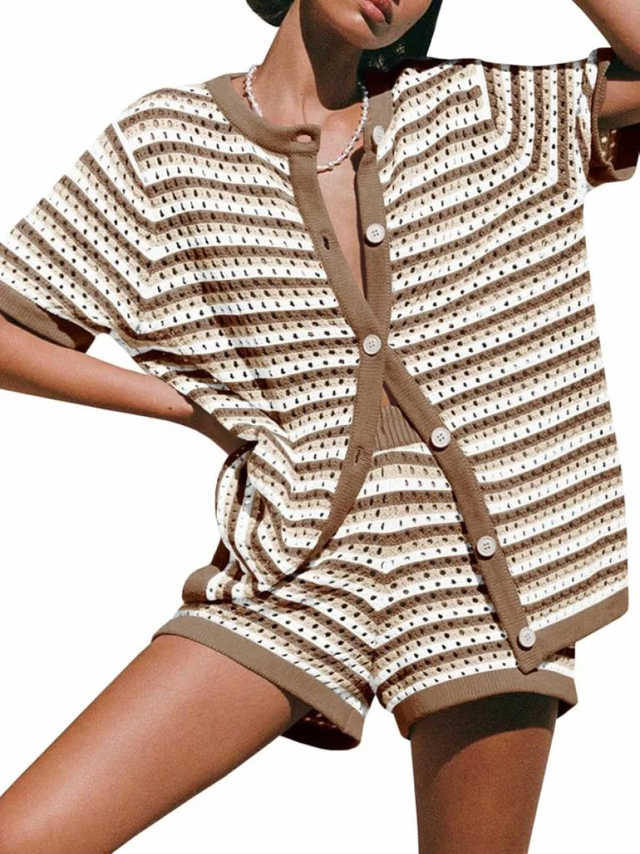 Saodimallsu Women's 2-Piece Crochet Beach Cover Up Set - Striped Knit Short Sleeve Button Down Shirt & Shorts Summer Swimsuit Outfit