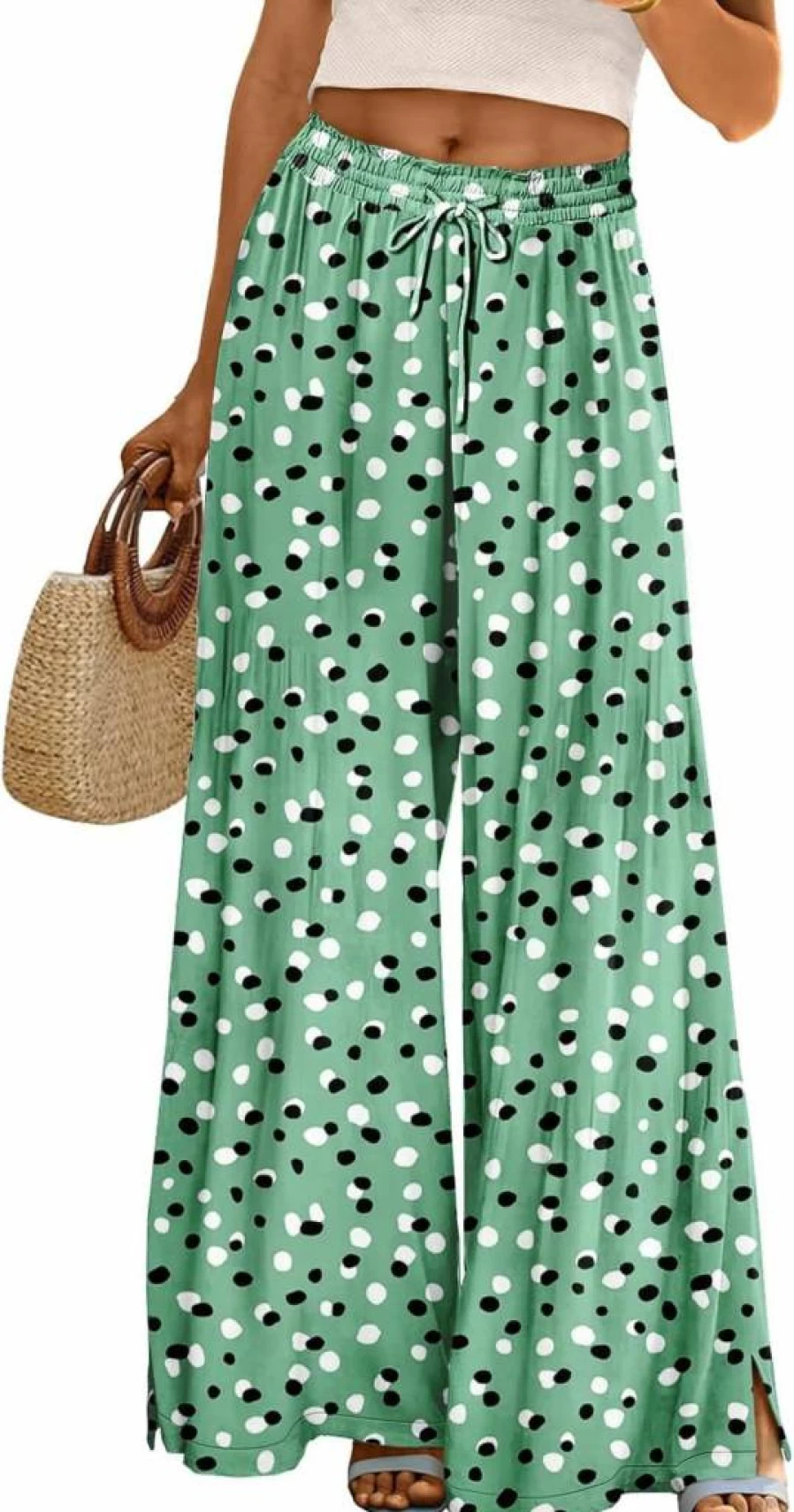 YESNO Women's High Waist Floral Palazzo Pants - Summer Boho Wide Leg Cotton Lounge Trousers with Pockets