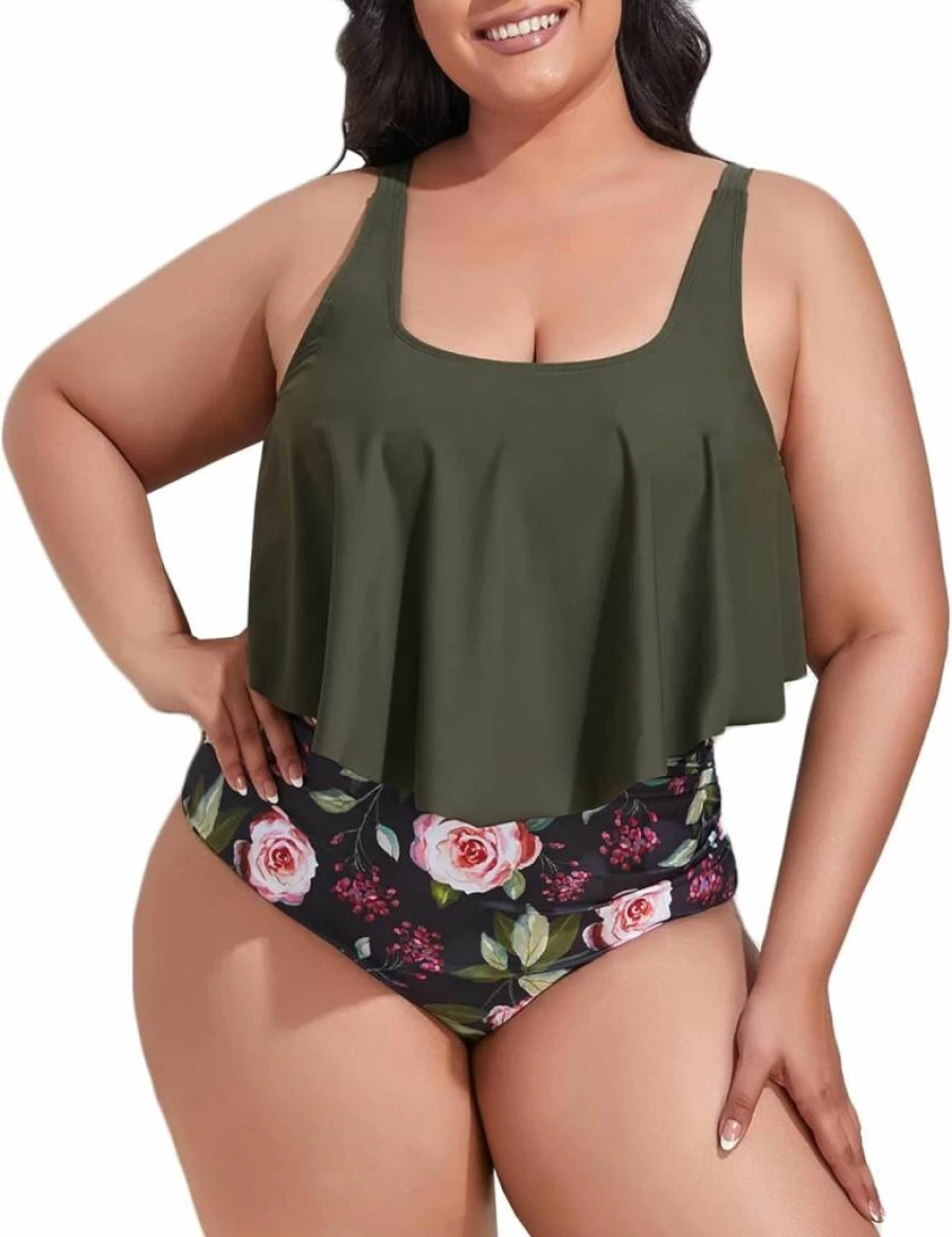 Mooncore Women's Plus Size High Waisted Tankini Bikini Set - Flounce Two Piece Swimsuit for Women
