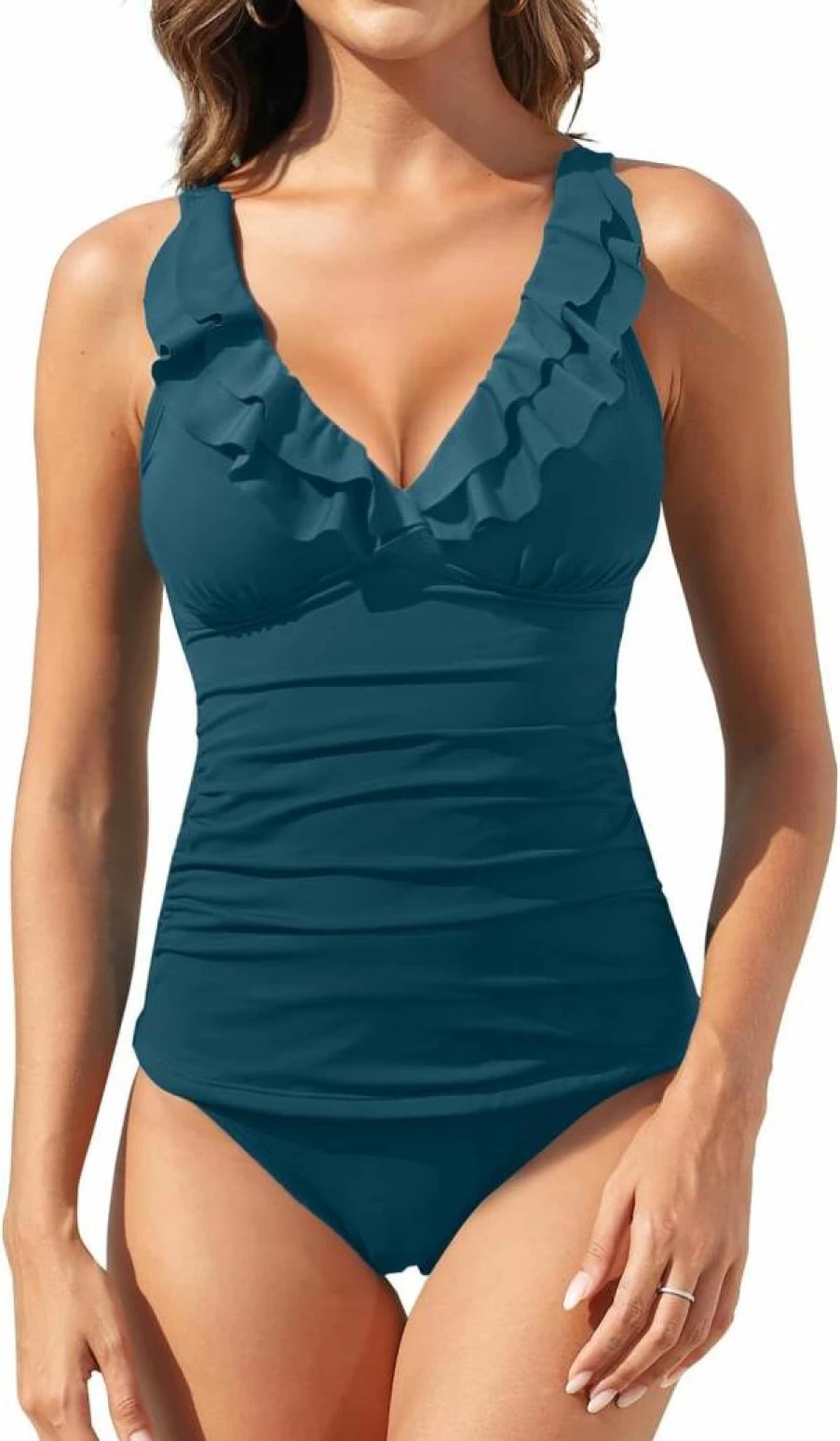 Yonique Women's Ruffle Flounce V-Neck Tankini Two-Piece Swimsuit - Tummy Control Bathing Suit