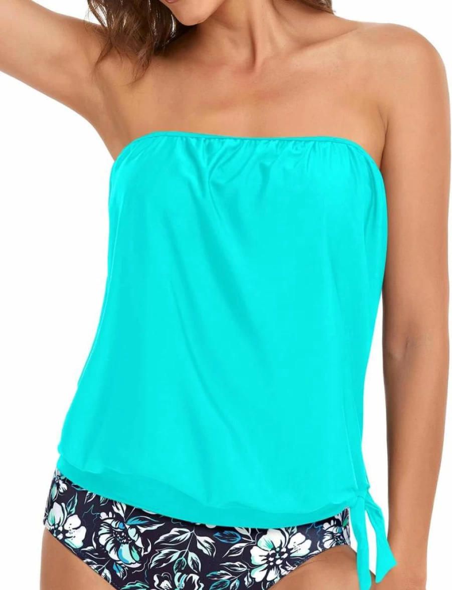 Holipick Women's Strapless Bandeau Tankini Top - Blouson Swimsuit for Beach & Pool