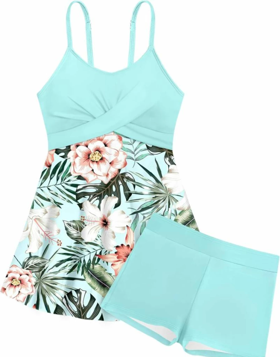 Shallmu Girls 2 Piece Tankini Swimsuits Criss Cross Tropical Print Mesh Dress with Shorts Bathing Suits for Teens