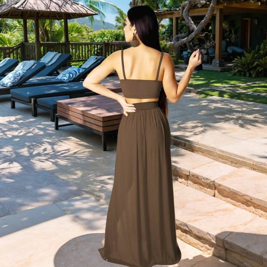 Mintsnow Women's Sexy Chiffon Two-Piece Outfit: Deep V-Neck Crop Top & High-Slit Maxi Skirt Set