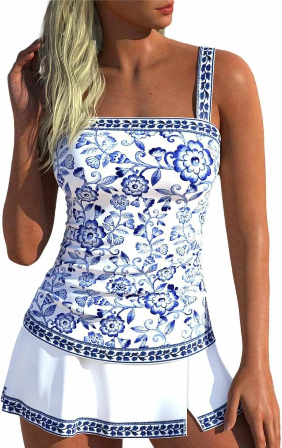 ROSEWE Women's Floral Print Tummy Control Tankini Two-Piece Swimsuit with Ruched Detail and Skirt