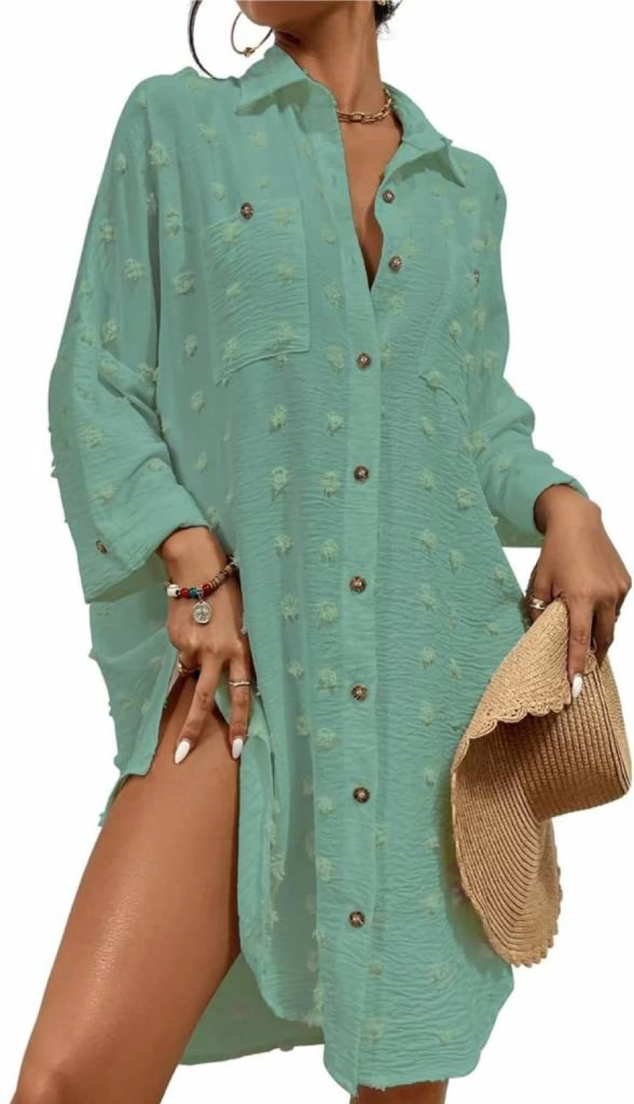 Bsubseach Women's Swiss Dot Button Down Shirt Dress - Beach Cover Up Tops & Casual Blouse