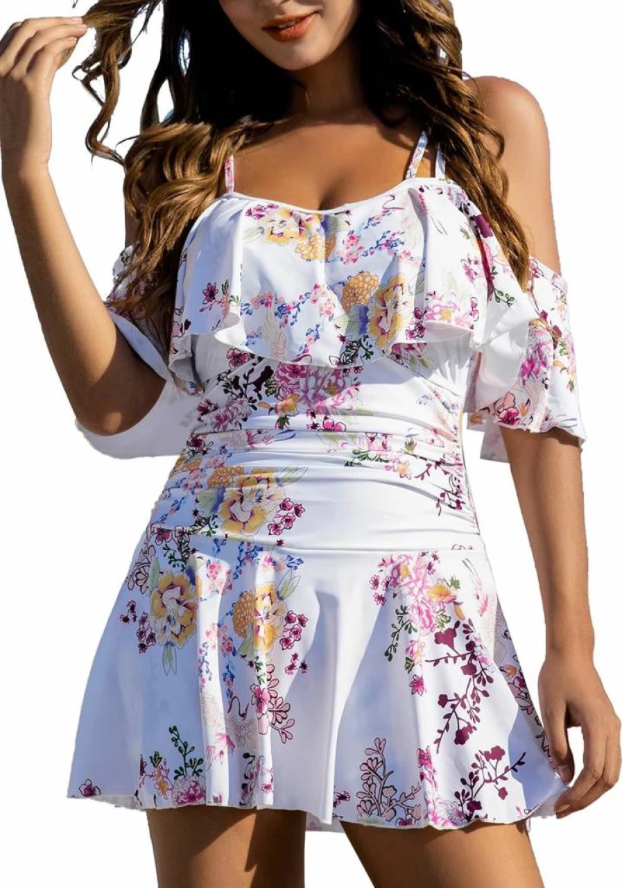 COCOPEAR Women's Off Shoulder Flounce Swimdress Tummy Control One Piece Bathing Suit