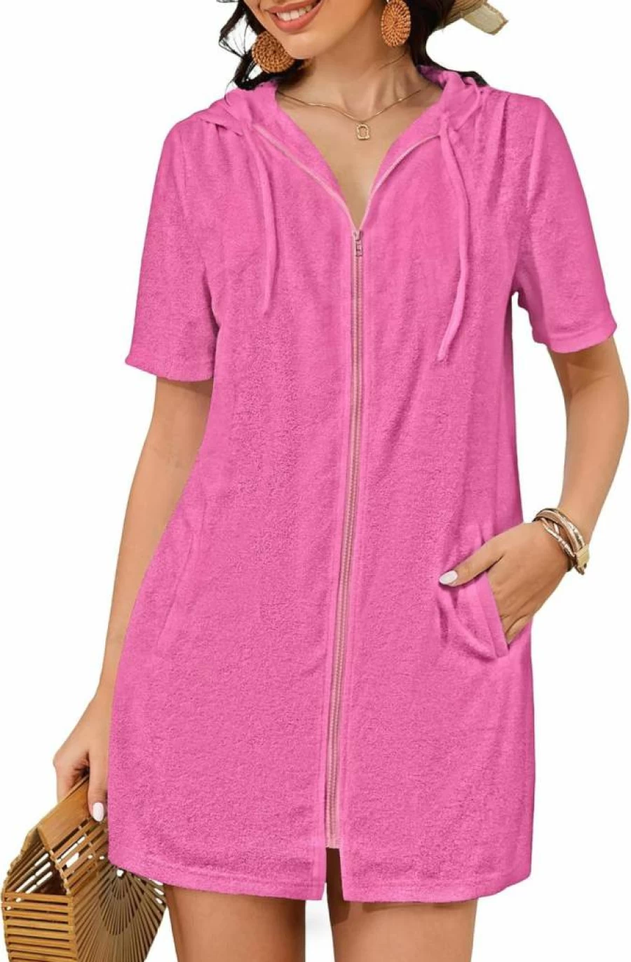 Bsubseach Women's Terry Cloth Hooded Beach Coverup with Zipper & Pockets - Swim Robe for 2025