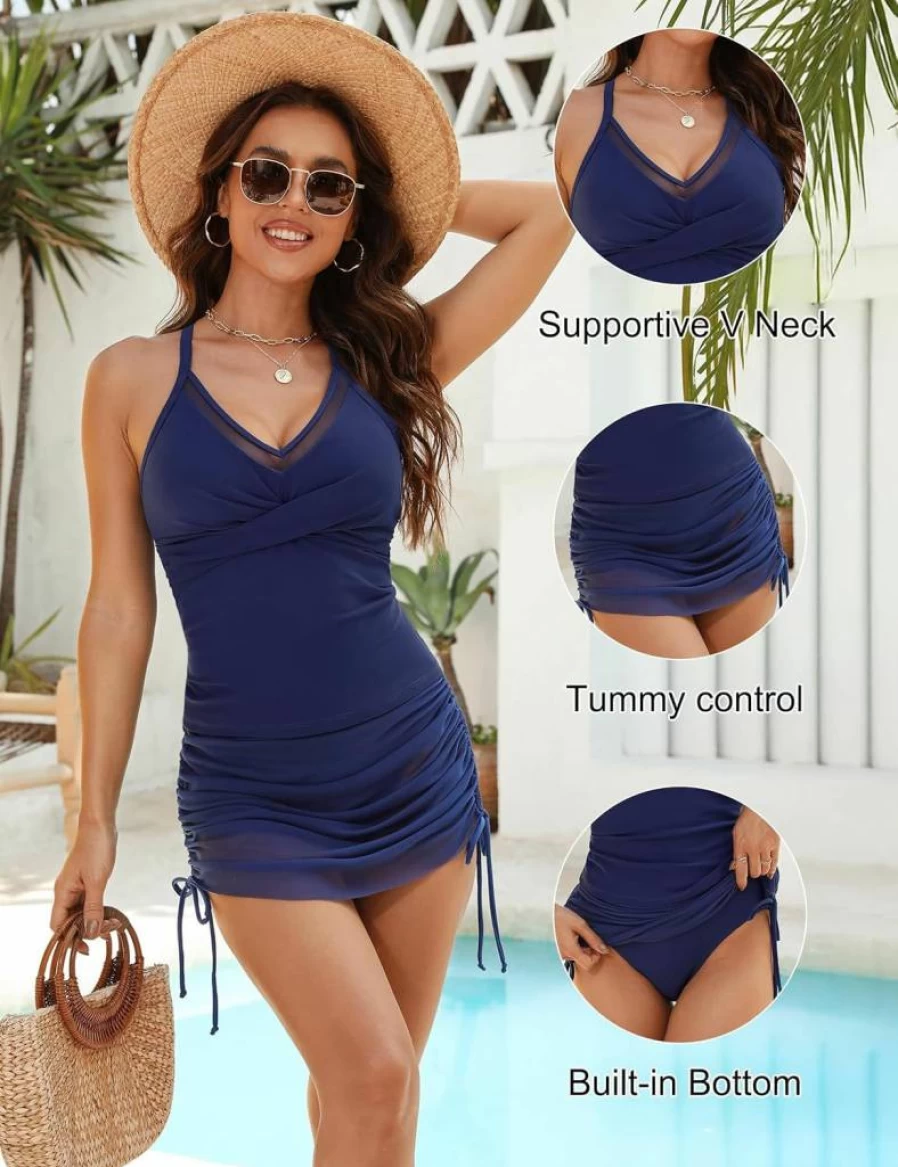 Blooming Jelly Women's Tummy Control Tankini Swimsuits with Swim Skirt & Mesh Sarong Wrap Two-Piece Bathing Suit 2025