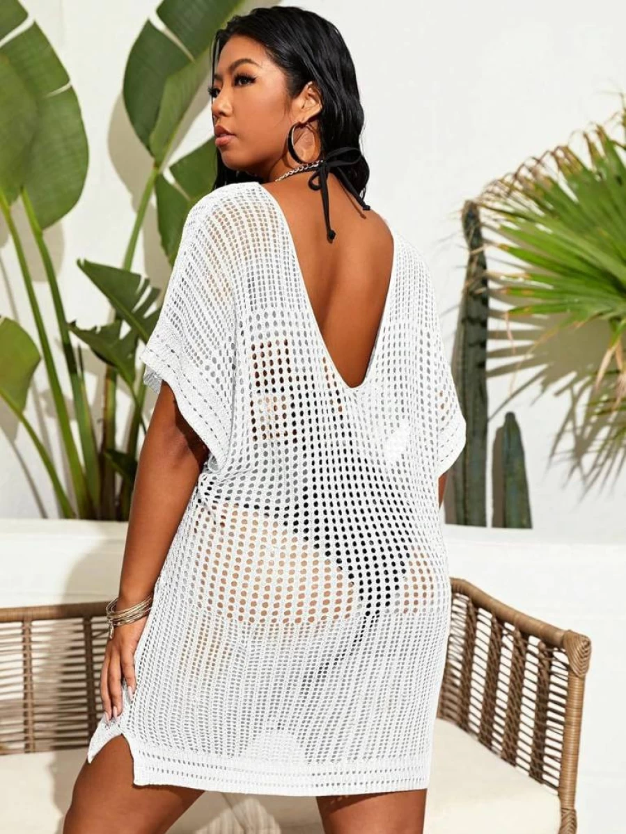 SOLY HUX Plus Size Beach Cover Up Dress Women's Summer Short Sleeve Hollow Out Bikini Swimsuit Casual Split