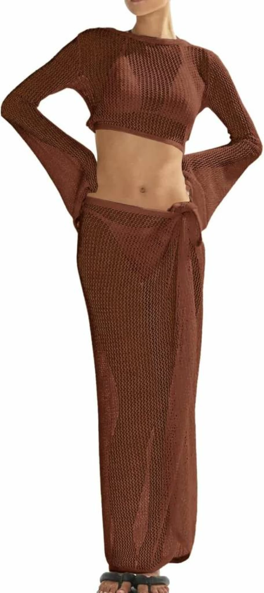 LANNEW Women's Crochet Bikini Cover Up Set - Hollow Out Beach Swimwear 2 Piece Swimsuits Cover Ups