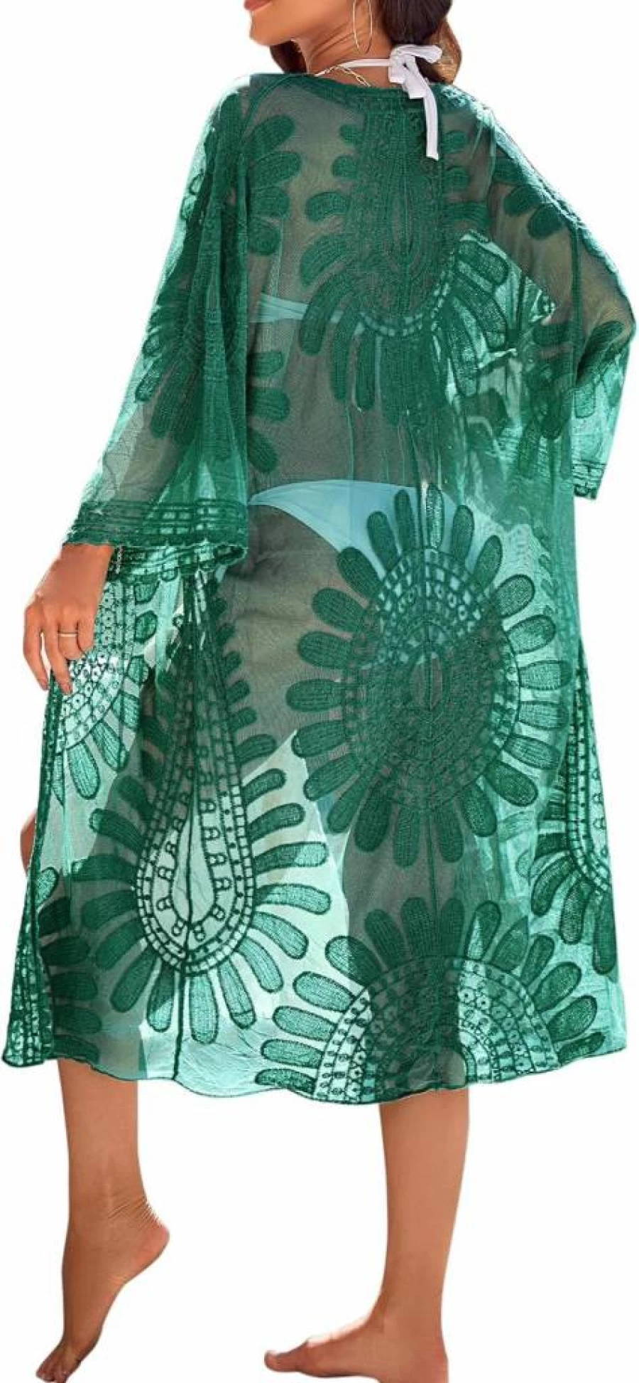 Blooming Jelly Women's Floral Lace Kimono Cover Up Long 3/4 Sleeve Beach Cardigan Swimsuit Mesh Summer