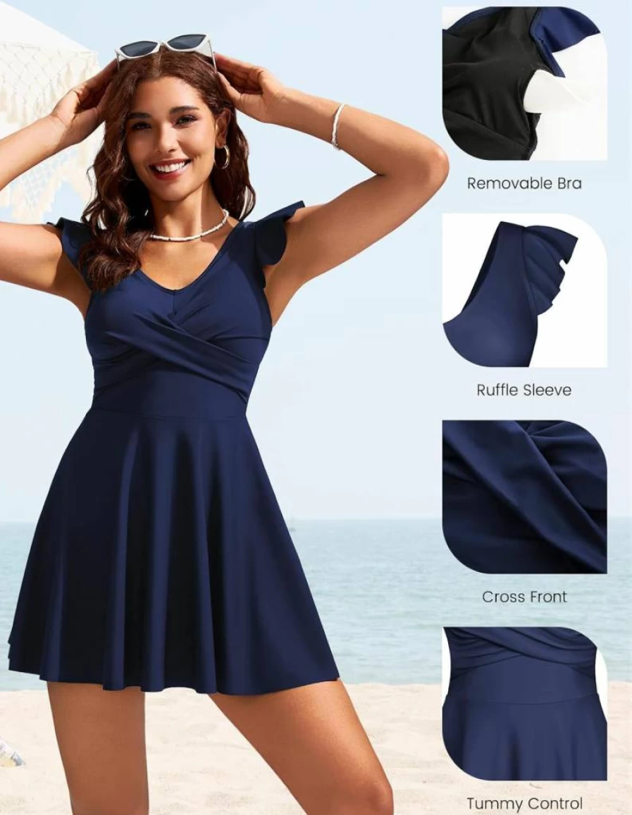 Kate Kasin Women's Modest V-Neck Swimdress Tankini with Tummy Control & Boyshorts – Bathing Suit for Swimwear