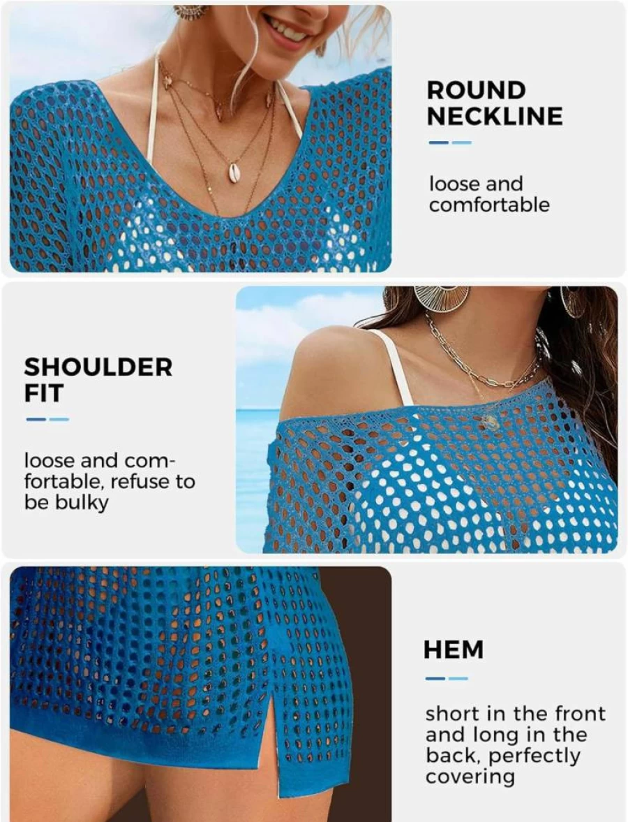 Buauty Women's Crochet Cover Up Swim Dress - Short Sleeve Knit Beachwear for Summer Vacation | Bathing Suit Swimsuit Outfit