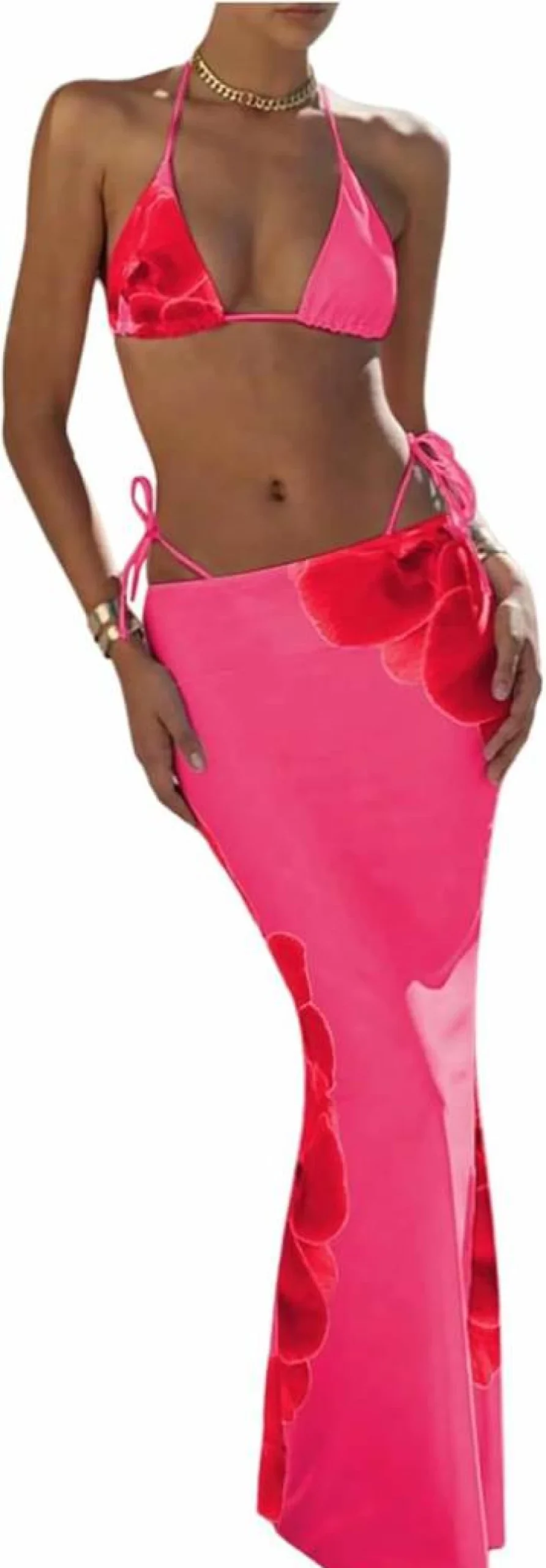 Verdusa Women's Floral Print Bikini Set with Mesh Maxi Skirt - 3 Piece Swimwear for Beach & Pool