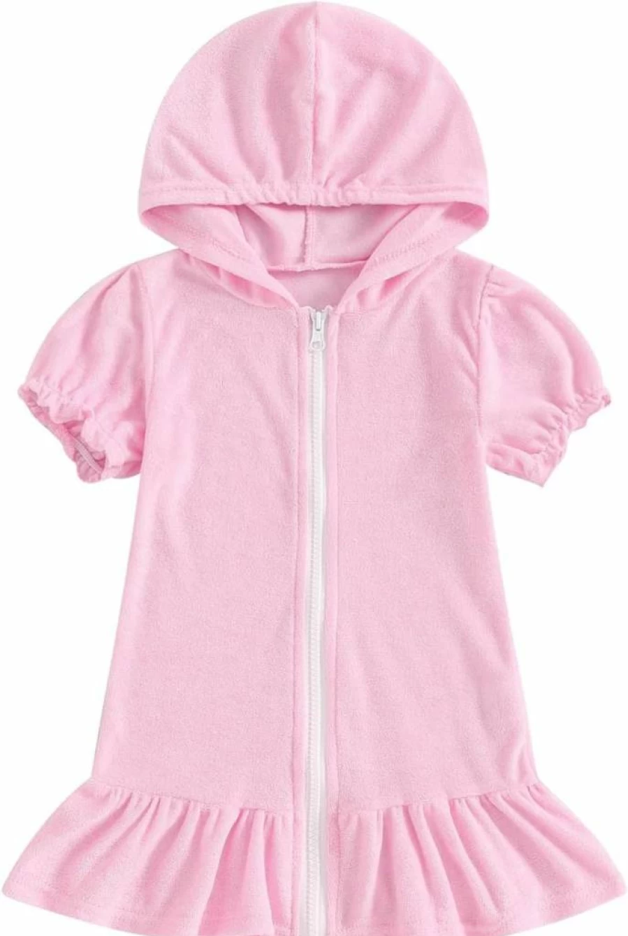 Mokoggiri Girls Ruffle Swim Dress Cover Up - Hooded Terry Short Sleeve Zipper Bathing Suit Swimwear for Kids