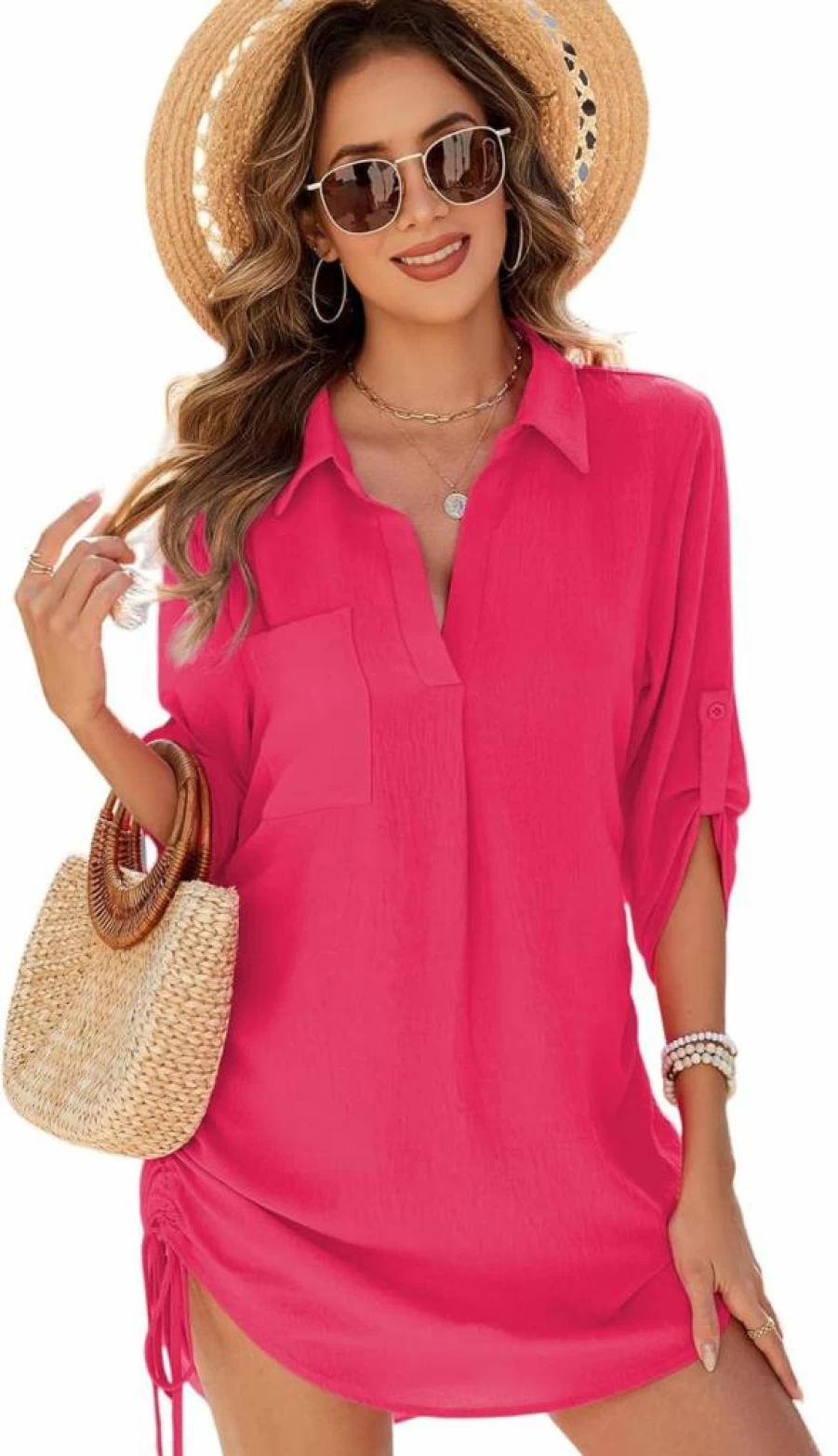 Urchics Women's Beach Cover Up Dress 2025 - V Neck Drawstring Bikini Swimwear Swimsuit Shirt