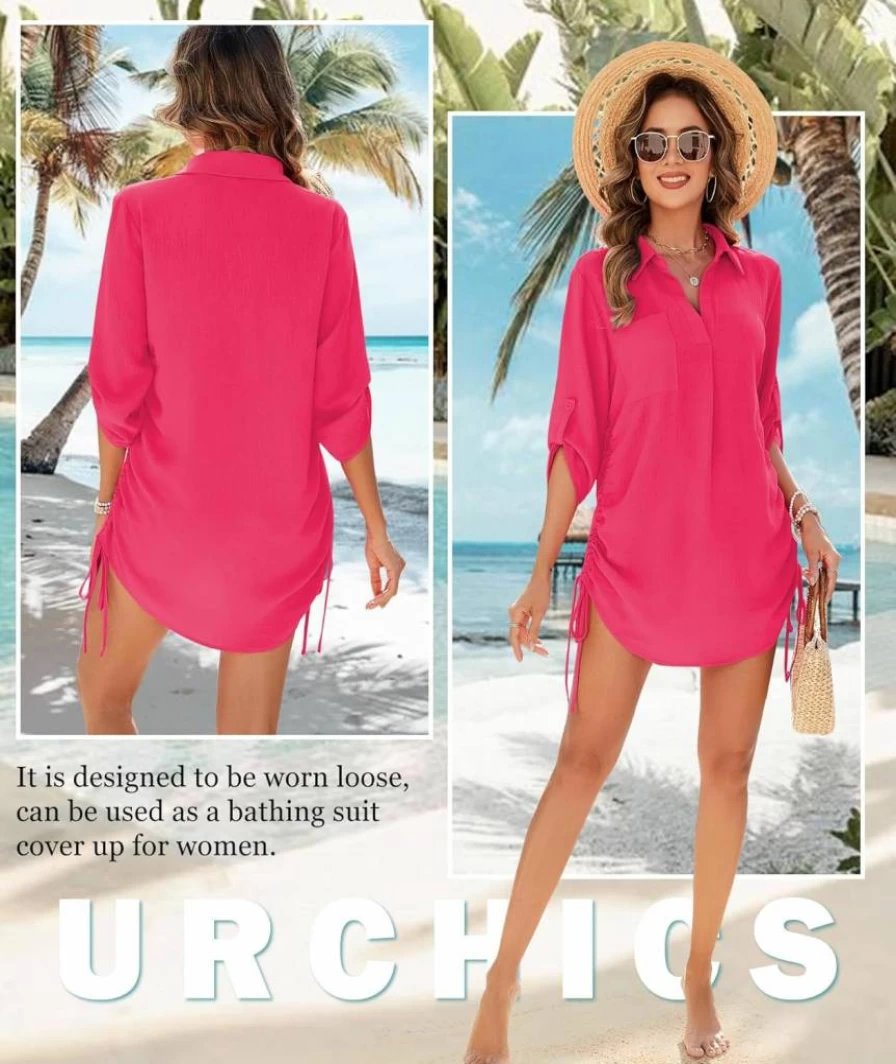 Urchics Women's Beach Cover Up Dress 2025 - V Neck Drawstring Bikini Swimwear Swimsuit Shirt