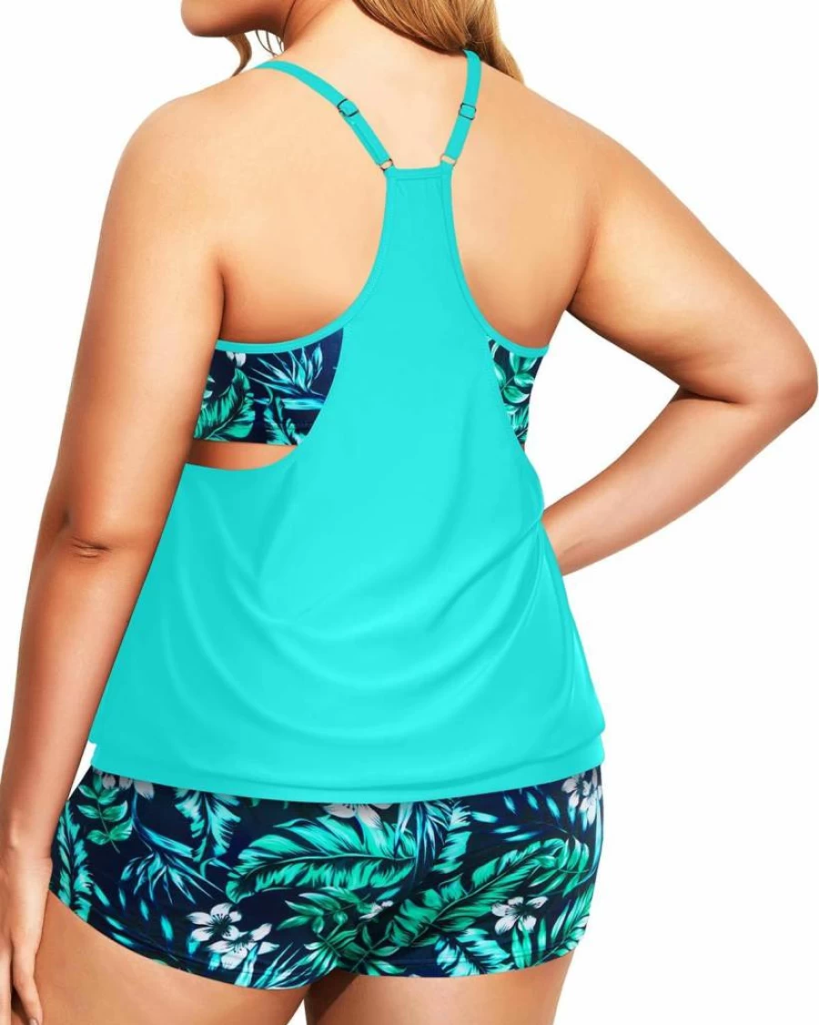 Holipick Plus Size Tummy Control Tankini Swimsuit for Women - Blouson Top with Shorts Two-Piece Bathing Suit