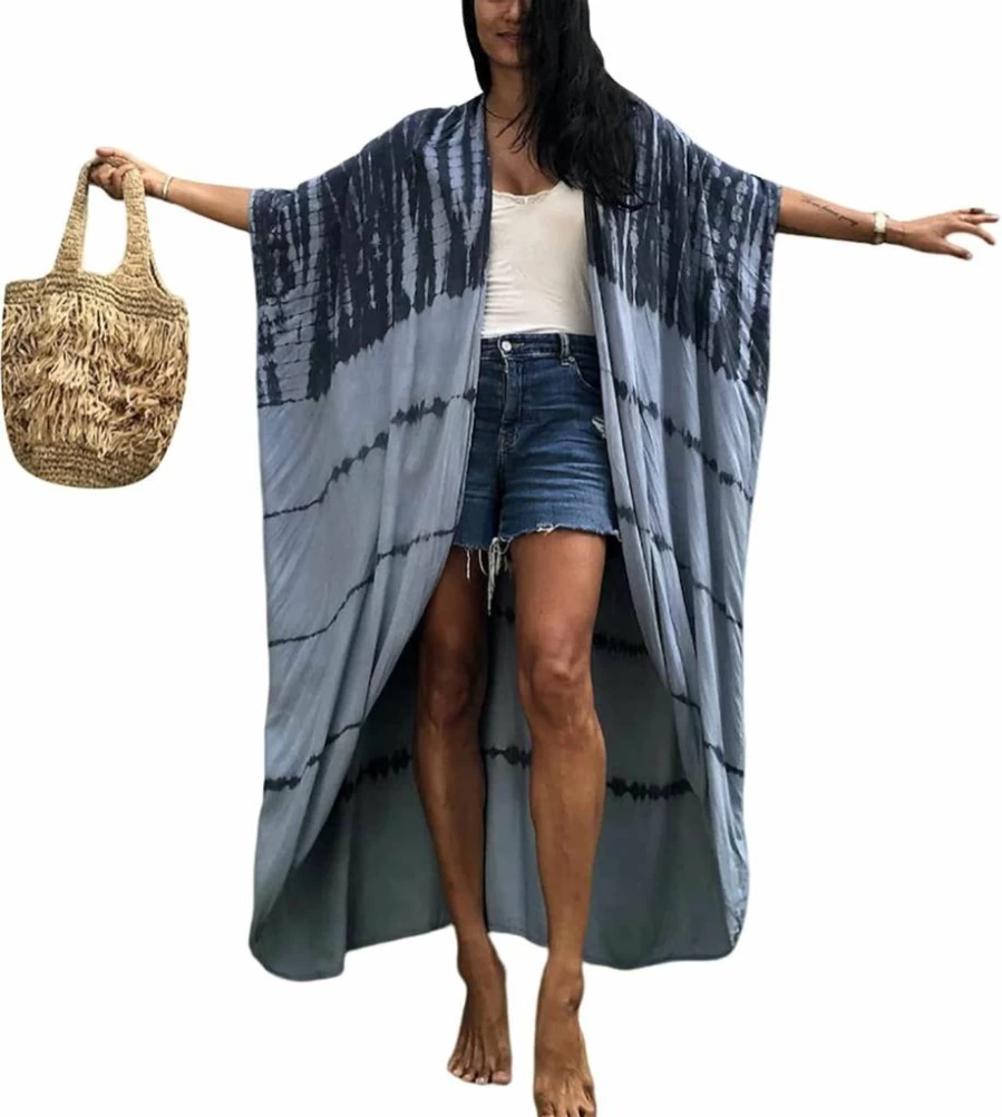 FEOYA Women's Tie Dye Kimono Cover Up - Beach Maxi Cardigan with Belt for Swimsuit