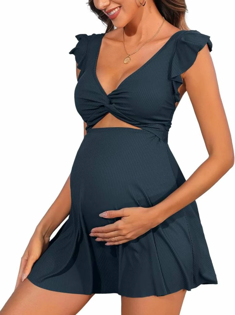 Charmo Maternity Swimsuit One Piece - Push Up Twist Front Cutout Swim Dress for Pregnancy, Ruffle Ribbed Bathing Suit
