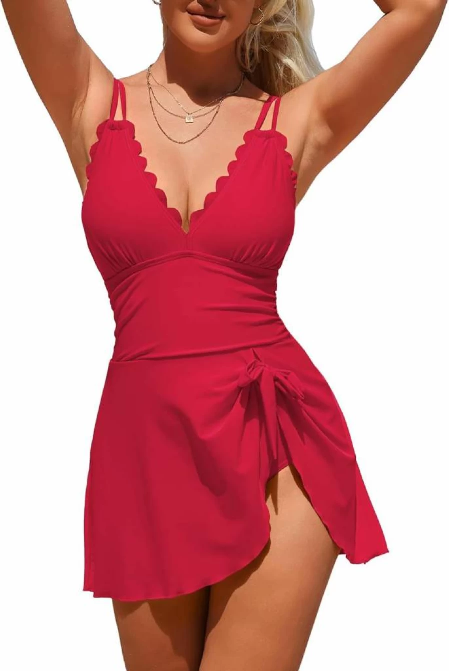 Charmo Women's Modest One Piece Swimsuit with Tummy Control - V Neck Scalloped Swim Dress Bathing Suit