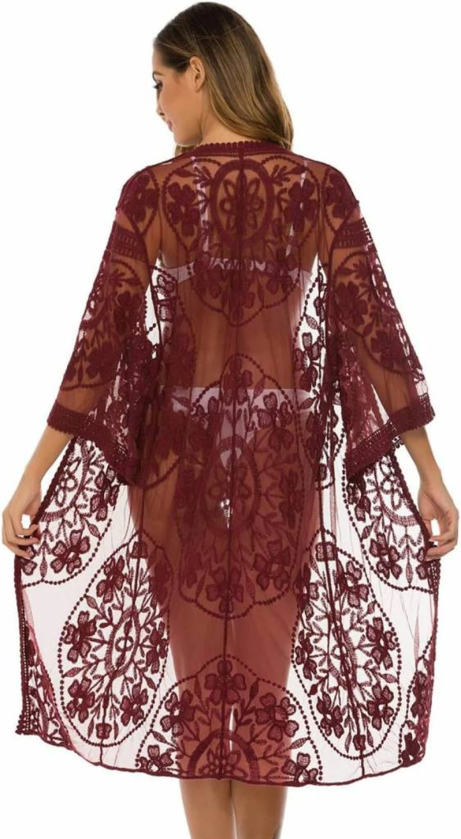 Romanstii Women's Floral Lace Kimono Cardigan - Sheer Crochet Beach Cover Up Long Sleeve Summer Wrap