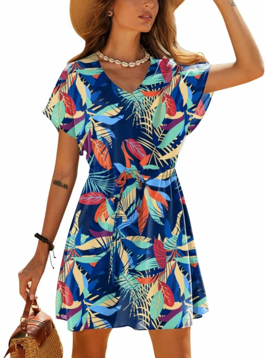 Ekouaer Women's Flowy Tie-Waist Beach Cover Up Dress - Casual Swimsuit Coverups for Summer