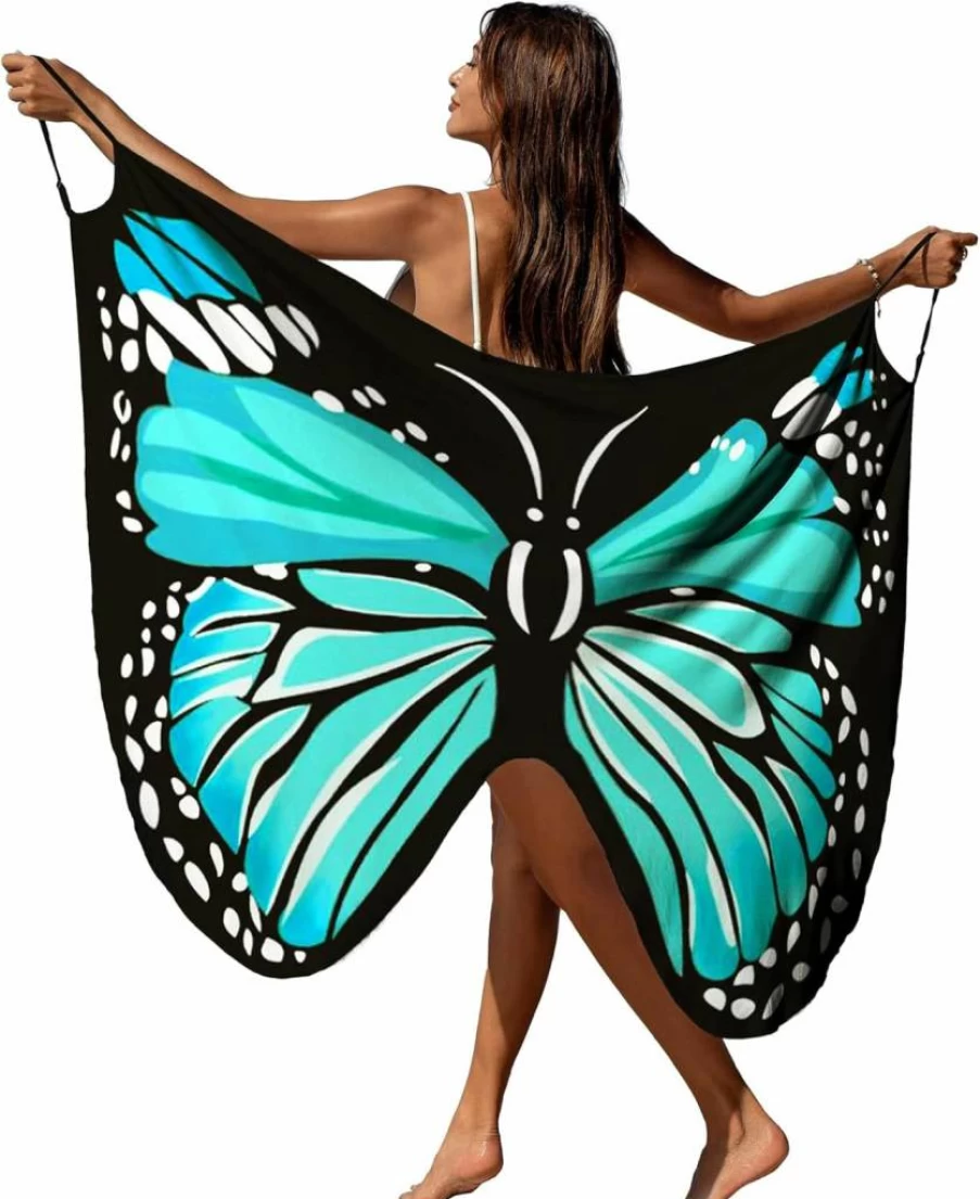 AI'MAGE Women's Butterfly Print Beach Cover Up - Lightweight Sarong Wrap Dress with Spaghetti Straps for Swimwear, S-XL