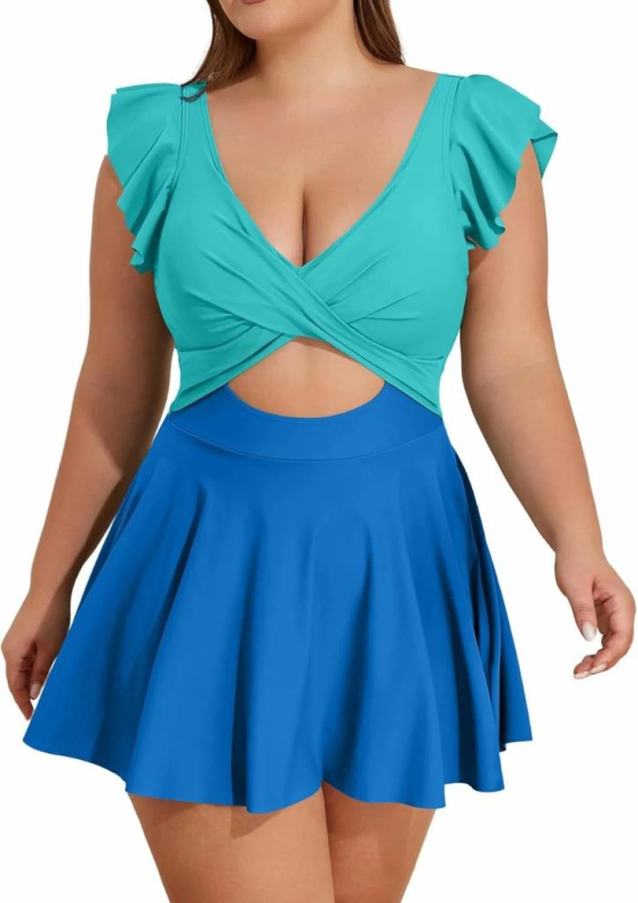 B2Prity Plus Size Swimdress for Women - Tummy Control One Piece Bathing Suit with Skirt, V Neck Cutout & Ruffle Wrap Design