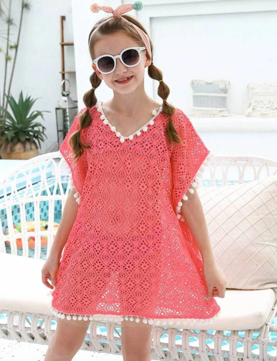 DUSISHIDAN Girls Swimwear Cover Up with Cute Pompom Tassel - One Size Fits 6-12 Years