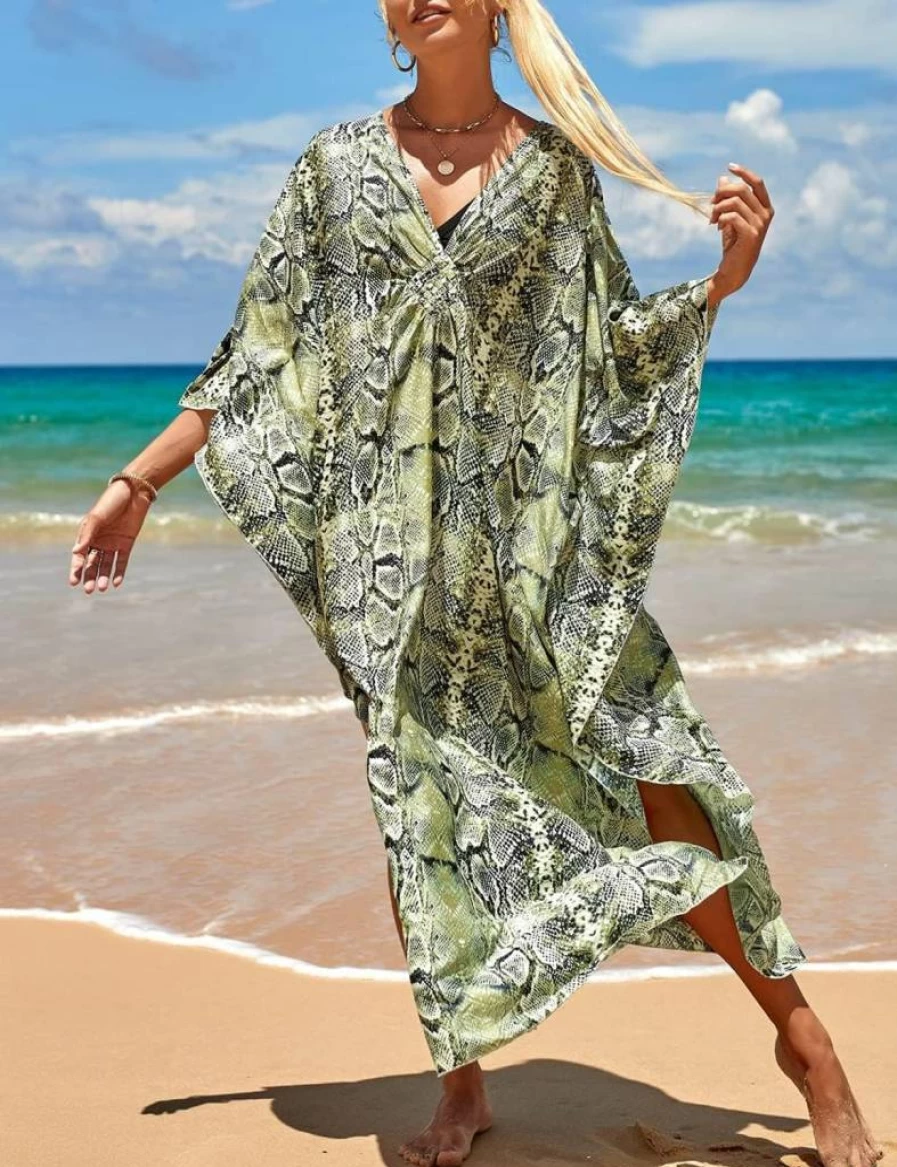 Bsubseach Women's Plus Size Animal Print Kaftan Dress - Summer 2025 Beach Cover Up, Maxi Swimwear Caftan for Vacation & Poolside
