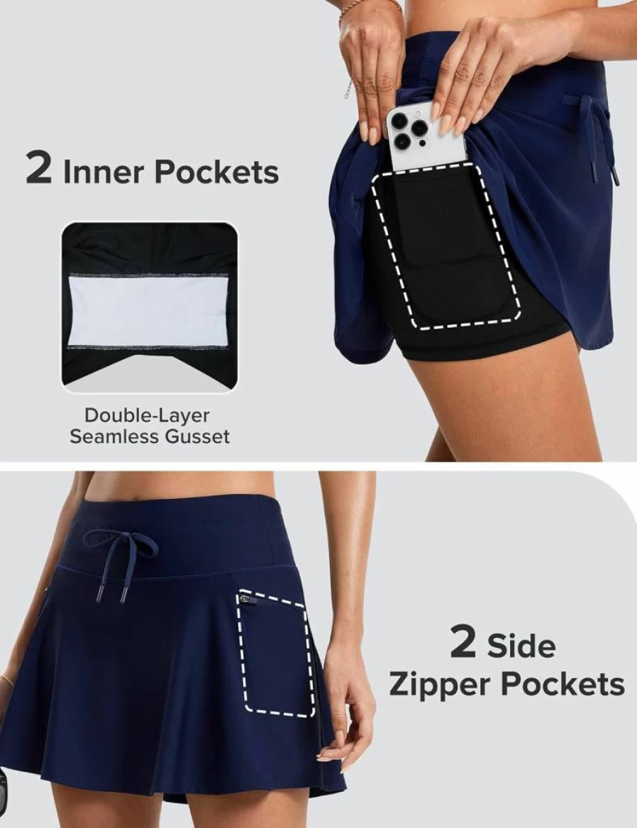 FitsT4 Sports Women's High Waisted Swim Skirt with Built-in Shorts & 4 Pockets - 15" Athletic Swimwear Bottom for Beach & Pool