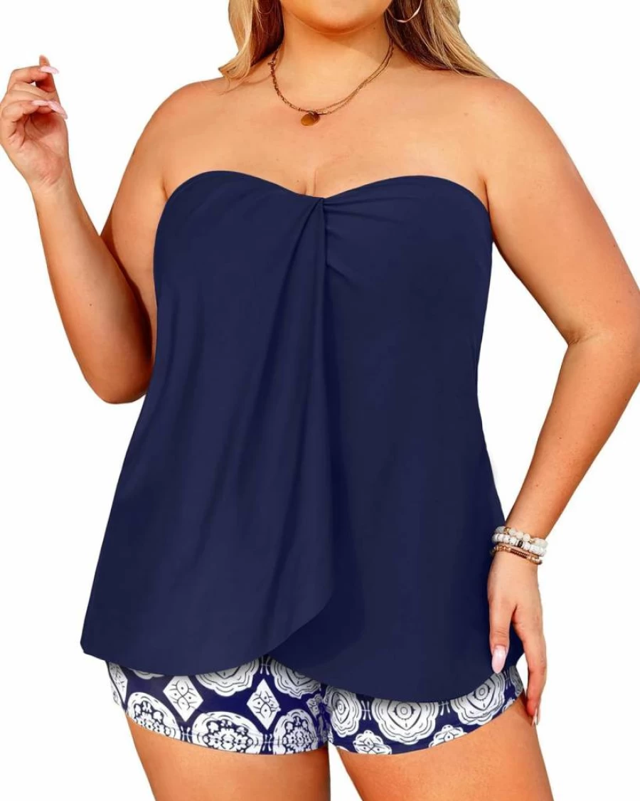 Daci Women's Plus Size Bandeau Tankini Swimsuit 2-Piece Halter Top with Tummy Control Swim Shorts Bathing Suit