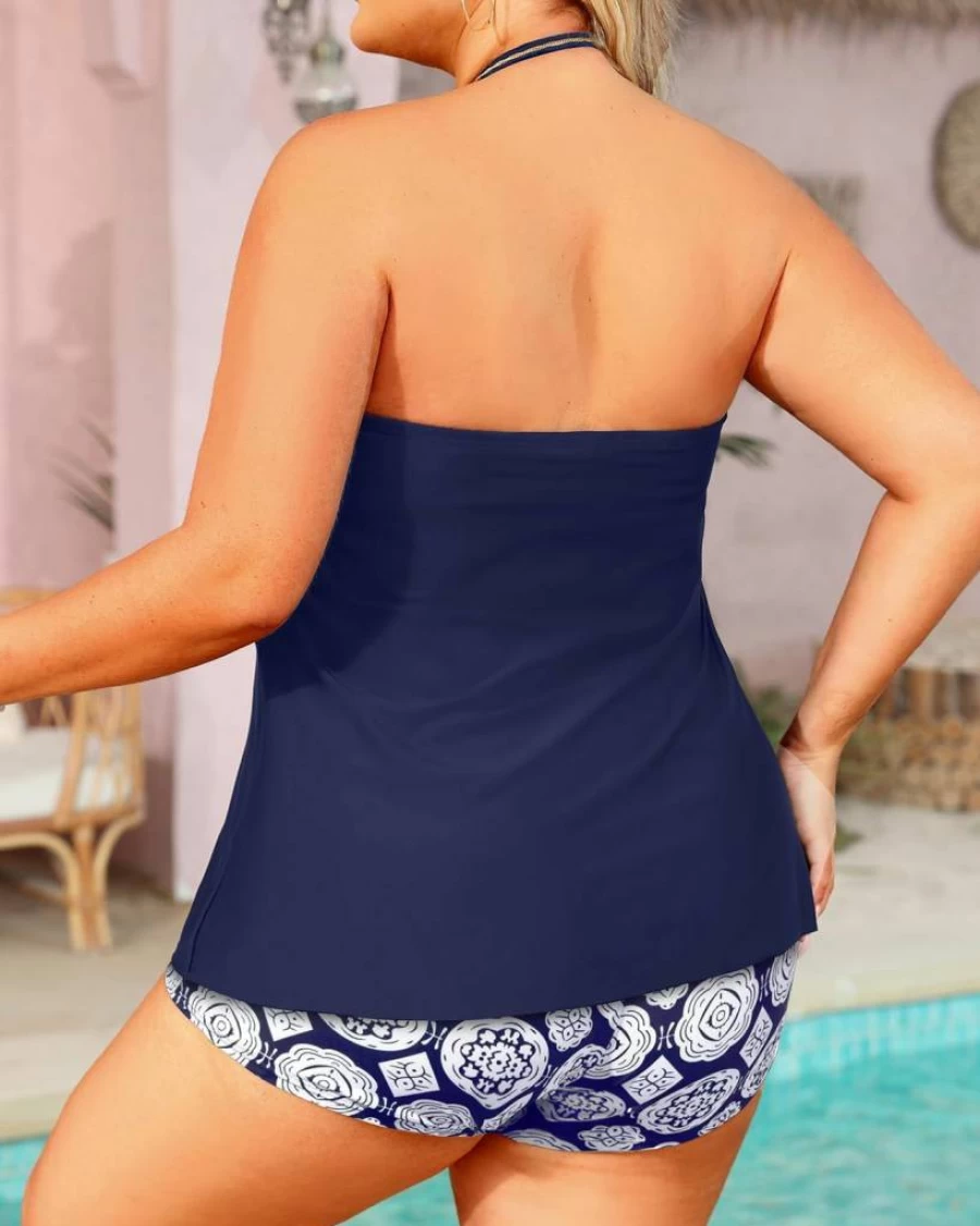Daci Women's Plus Size Bandeau Tankini Swimsuit 2-Piece Halter Top with Tummy Control Swim Shorts Bathing Suit