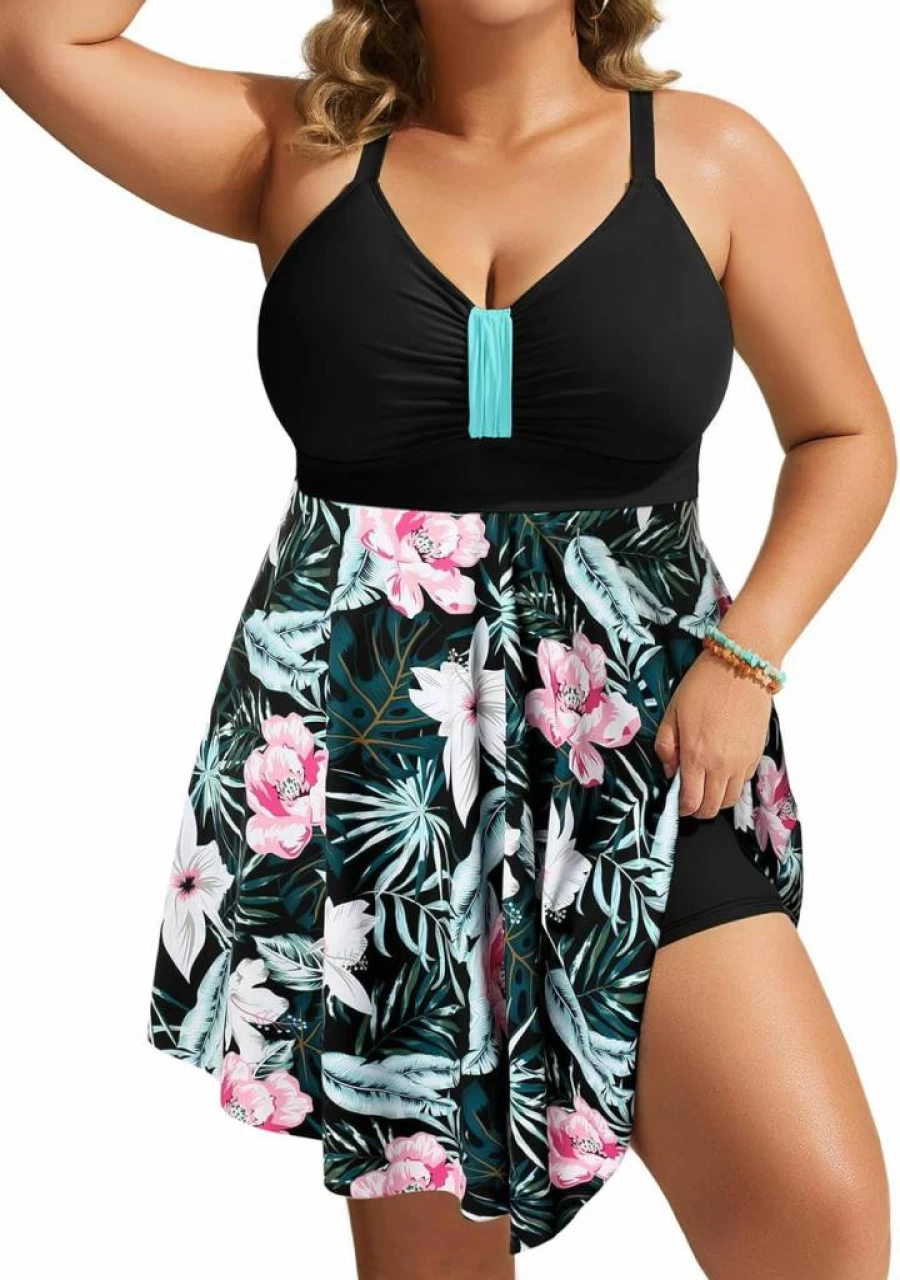 Hanna Nikole Women's Plus Size Swim Dress One Piece Tummy Control Bathing Suit Flowy Body Shaping Swimwear for Women