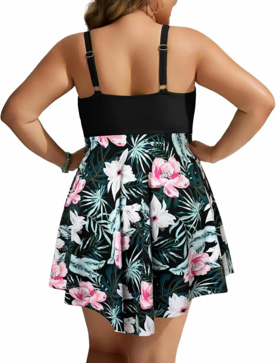 Hanna Nikole Women's Plus Size Swim Dress One Piece Tummy Control Bathing Suit Flowy Body Shaping Swimwear for Women