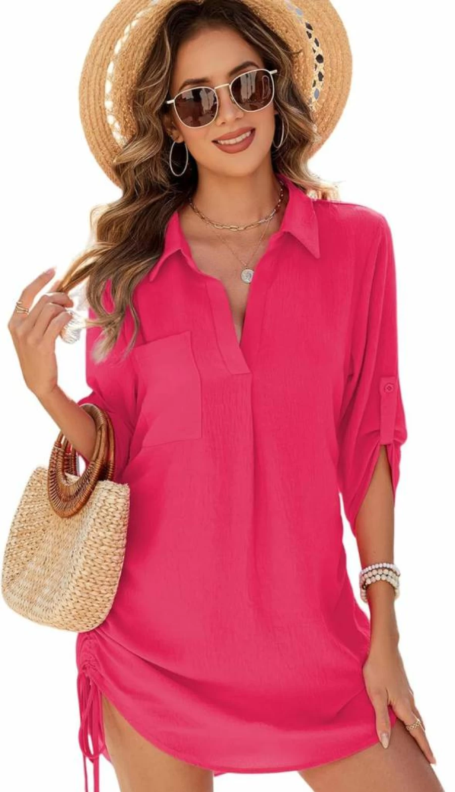 Urchics Women's Beach Cover Up Dress 2025 - V Neck Drawstring Bikini Swimsuit Cover Up Shirt for Swimwear