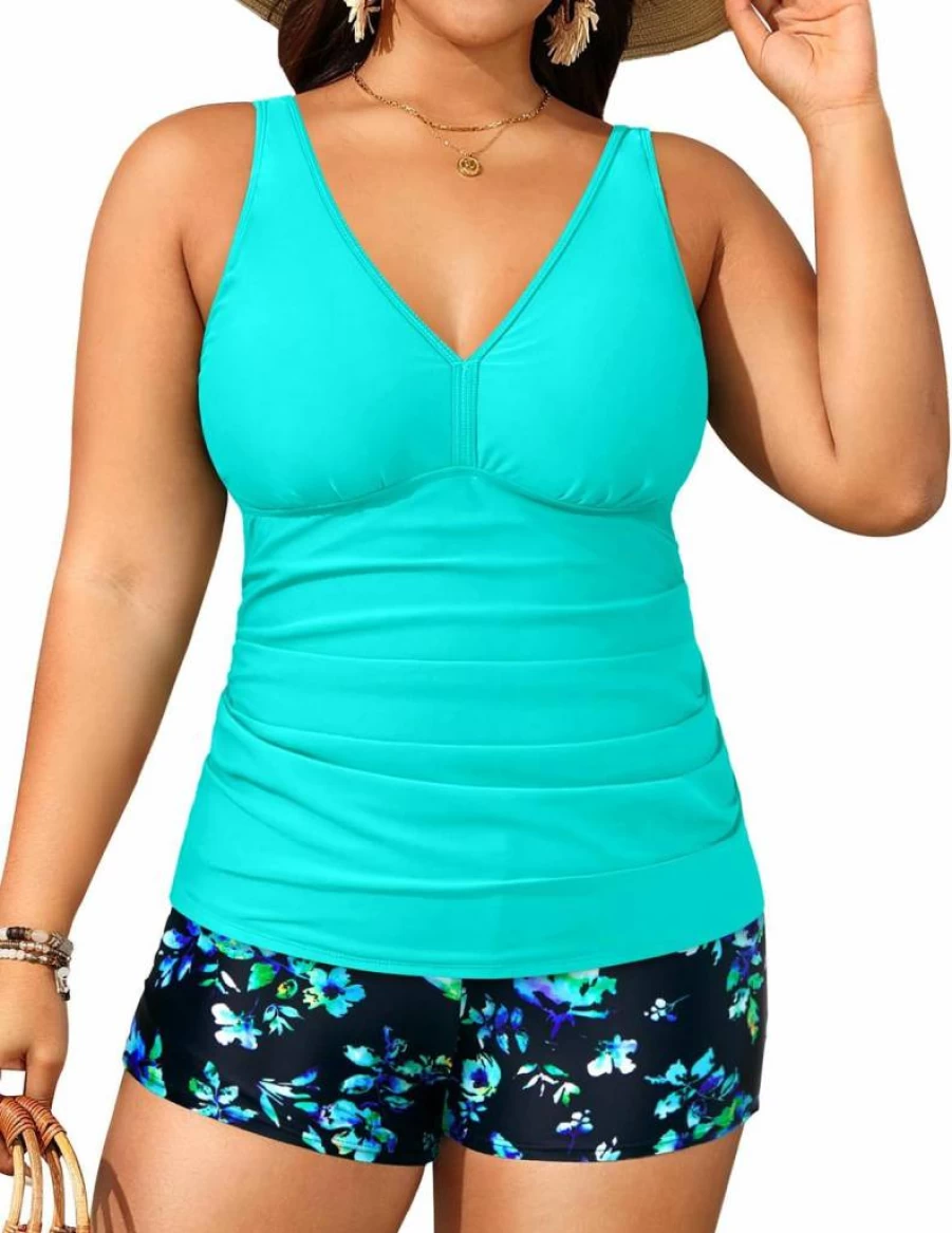 Yonique Women's Plus Size Tummy Control Tankini Two-Piece Swimwear with Athletic Shorts for Comfort and Support
