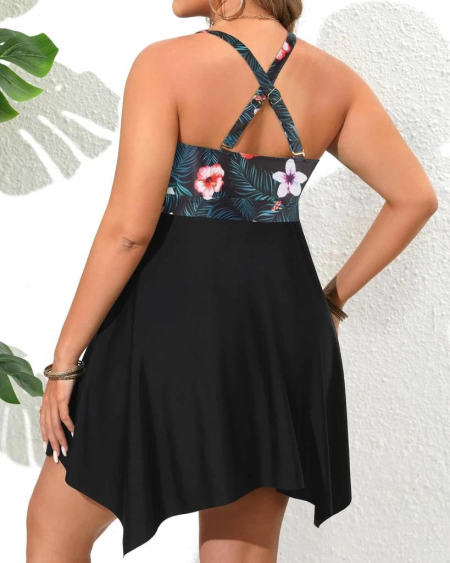 Daci Women's Plus Size Swimdress Two-Piece Tankini Set with Tummy Control & Flowy Boyshorts Bathing Suit
