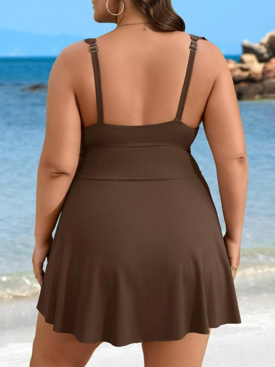 Charmo Plus Size One Piece Swimsuit for Women - Tummy Control Swimdress with Ruffle Detail, Ribbed Design, and Built-In Briefs