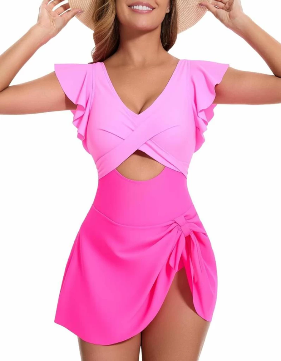 Women's Modest One Piece Swim Dress with Tummy Control & Side Tie - V Neck Ruffle Swimwear with Skirt by MFAVIP