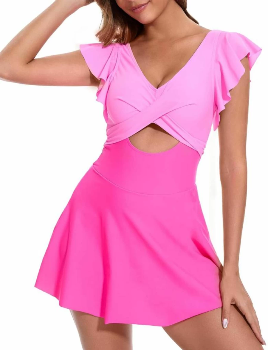 Women's Modest One Piece Swim Dress with Tummy Control & Side Tie - V Neck Ruffle Swimwear with Skirt by MFAVIP