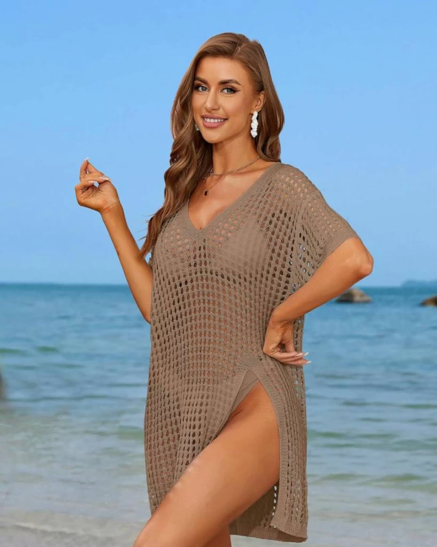 SOCIALA Women's Crochet Mesh Beach Cover Up Dress with Side Split - Short Sleeve Swimwear Swimsuit Coverup for Summer