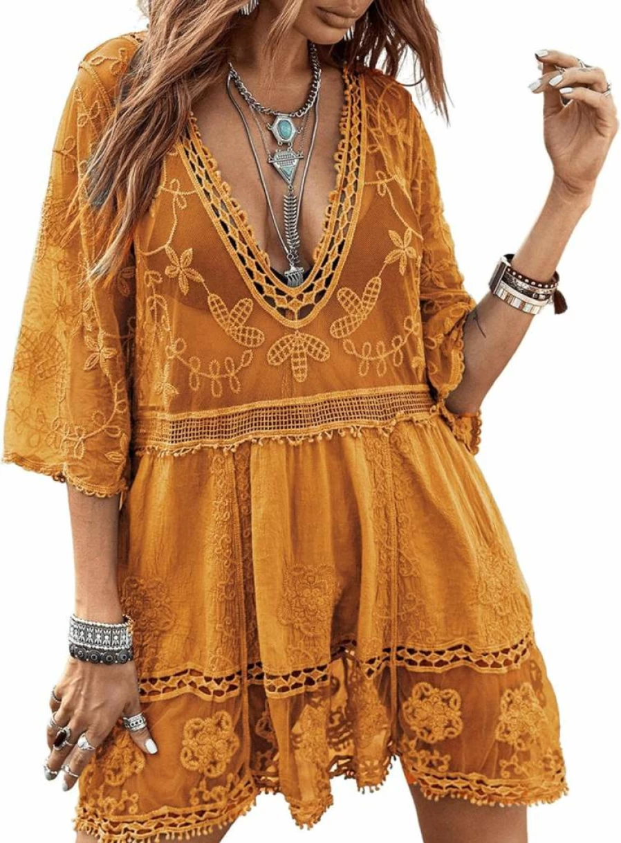 Eomenie Women's Lace Beach Cover Up Dress - V-Neck Swimsuit Coverup, Loose Fit Swimwear for Pool & Beach