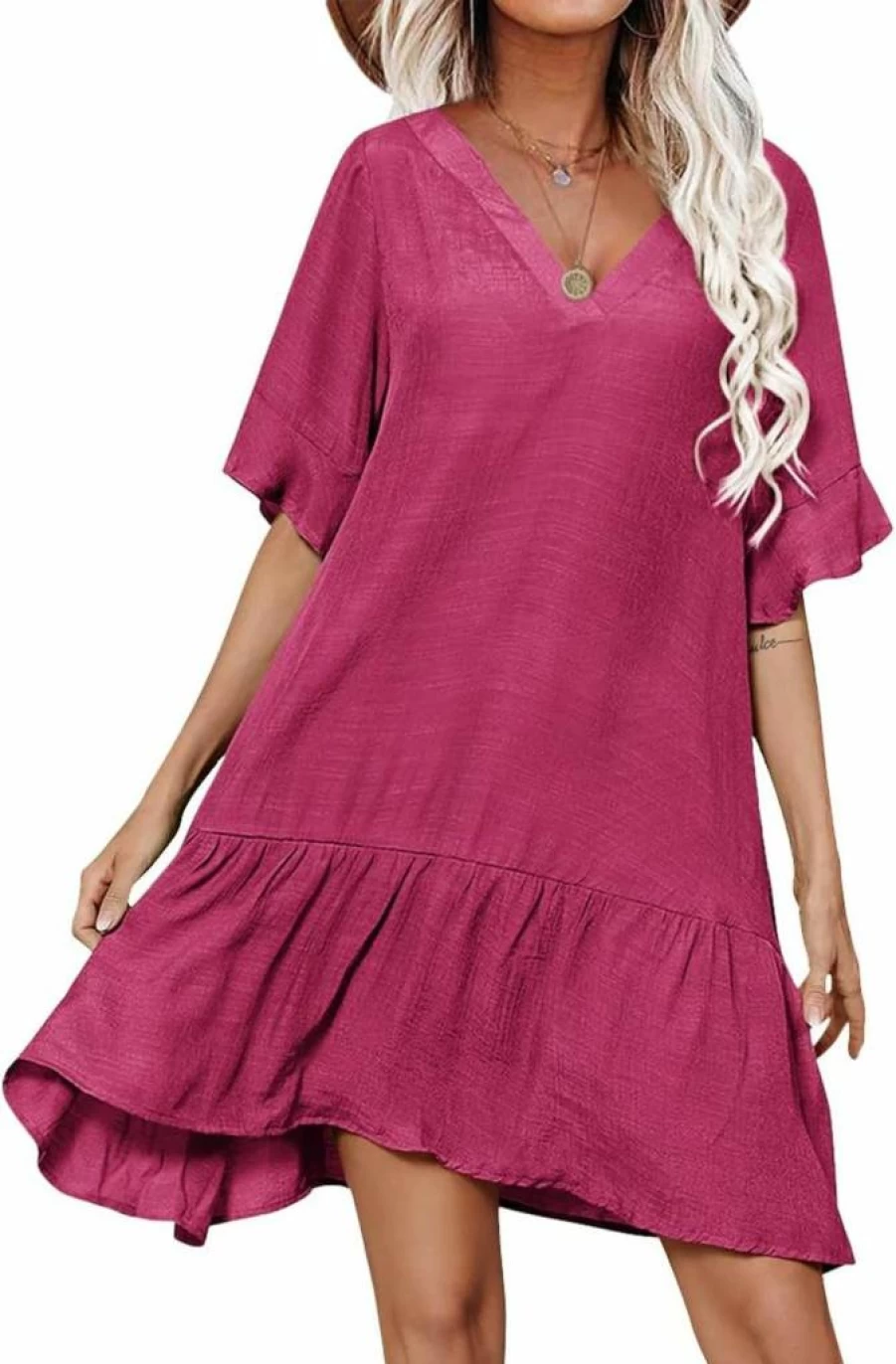 Aoulaydo Women's Sexy V-Neck Swimsuit Cover Up - Casual Loose Beach Coverup Dress for Swimwear