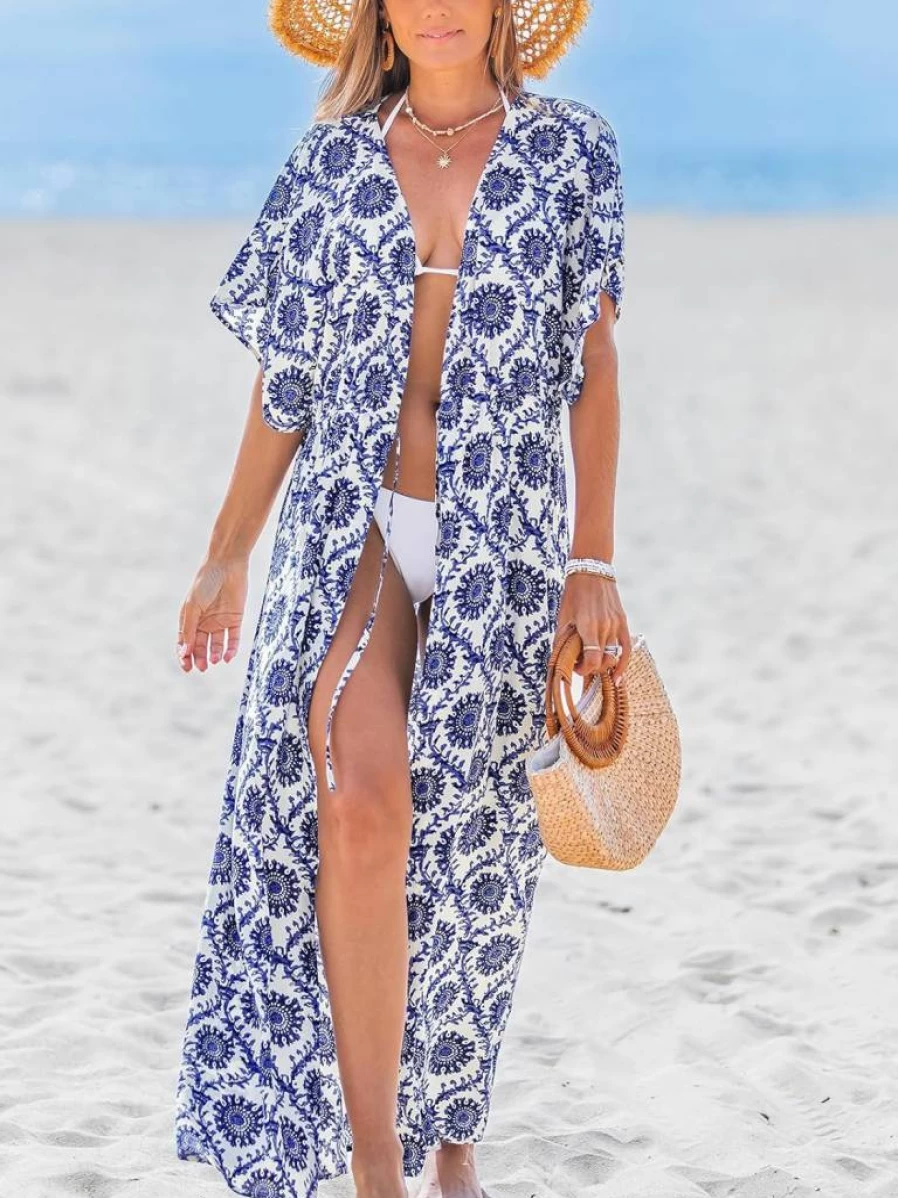 CUPSHE Women's Striped Kimono Beach Cover Up - Open Front Maxi Cardigan Swimsuit Coverup