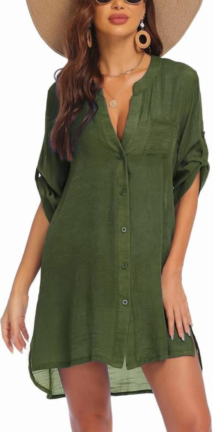 AI'MAGE Women's Beach Cover Up Shirt - V-Neck Button Down Swimsuit Coverup Tunic for Swimwear S-3XL