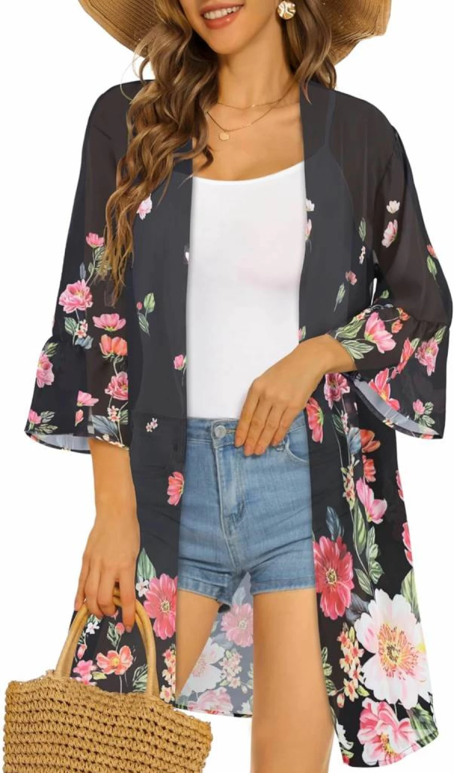 CHICGAL Women's Floral Chiffon Kimono Cardigan Open Front Lightweight Summer Cover-Up Tops